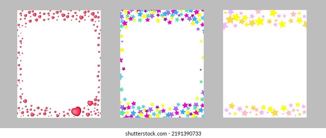 Set of confetti borders templates for card making, digital products, website design, pink 3d hearts, neon colour stars, pastel yellow purple orange stars for halloween, 