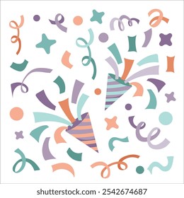 Set of confetti and party popper elements. Flat vector design festive clipart on white background.