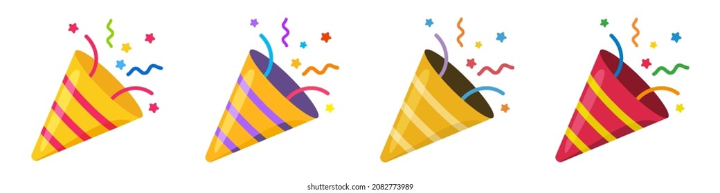 Set confetti party popper icon, fireworks logo, cap, flat design. Vector illustration isolated on white background.