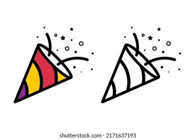 Set confetti party popper icon, fireworks logo, cap, flat design. Vector illustration isolated on white background.