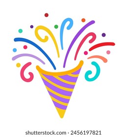 Set confetti party popper icon, fireworks logo, cap, flat design. Vector illustration isolated on white background.
