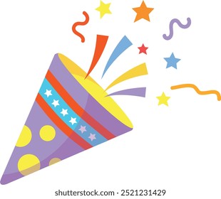 Set confetti party popper icon, fireworks logo, cap, flat design. Vector illustration isolated on white background.