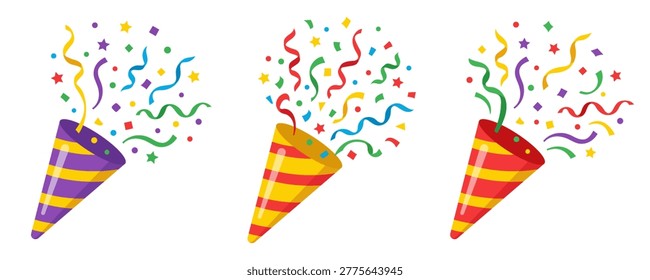 Set confetti party popper icon, fireworks logo, cap, flat design. Vector illustration isolated on white background.