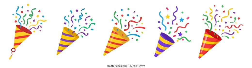 Establecer icono de popper de fiesta de confeti, logotipo de fuegos artificiales, gorra, diseño plano. Ilustración vectorial aislada sobre fondo blanco.