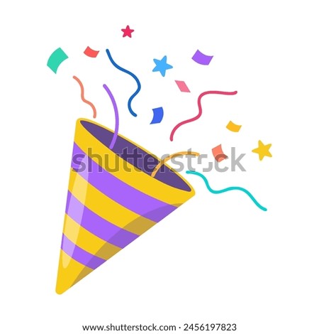 Set confetti party popper icon, fireworks logo, cap, flat design. Vector illustration isolated on white background.