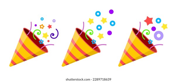 Set of confetti party popper icons. Fireworks icons. Badges for design for the holiday. Vector illustration isolated on white background.