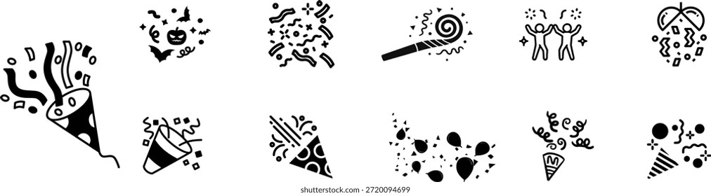 Conjunto de iconos vectoriales de confeti y popper de fiesta con globos, serpentinas, ruidosos y personas que celebran, ideal para diseños de vacaciones, cumpleaños y eventos.