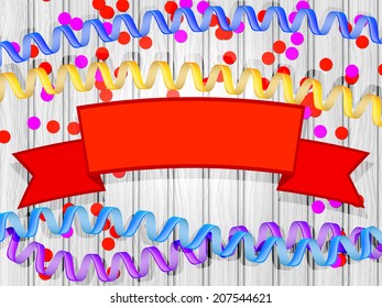 Set confetti, streamers, ribbon header on a wooden background. Vector illustration.