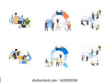 Set of confident analysts working with graphs. Flat vector illustrations of development, optimization, teamwork. Finance concept for banner, website design or landing web page