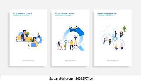 Set Of Confident Analysts Working With Graphs. Flat Vector Illustrations Of Development, Optimization, Teamwork. Finance Concept For Banner, Website Design Or Landing Web Page