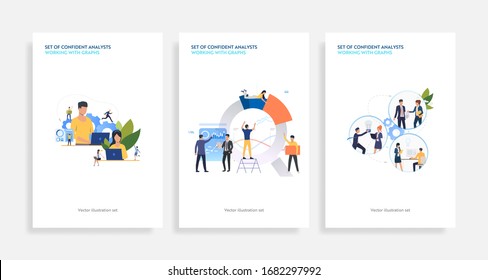 Set of confident analysts working with graphs. Flat vector illustrations of development, optimization, teamwork. Finance concept for banner, website design or landing web page