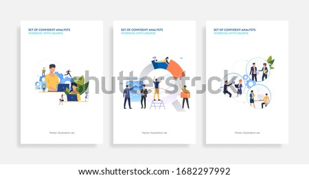 Set of confident analysts working with graphs. Flat vector illustrations of development, optimization, teamwork. Finance concept for banner, website design or landing web page