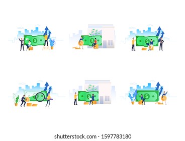 Set of confident men and women calculating money. Flat vector illustrations of business people earning money. Business success concept for banner, website design or landing web page