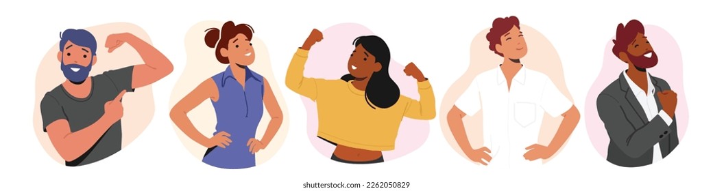 Set of Confident People. Male and Female Characters Exude Confidence And Self-assuredness Posing with Strong Postures Showing Strength and Power. Cartoon People Vector Illustration - Shutterstock ID 2262050829
