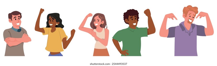 Set of Confident People. Male and Female Characters Exude Confidence And Self-assuredness Posing with Strong Postures Showing Strength and Power. Cartoon People Vector Illustration.