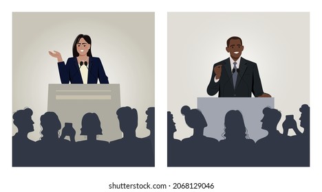 Set von selbstbewussten Lautsprechern hinter Podium. Öffentliche Rede von Anführer, Prominenten oder Unternehmern. Mann und Frau sprechen vor Publikum. Cartoon-FlachVektorgrafik, einzeln auf weißem Hintergrund