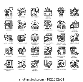 Set von vertraulichen Informationen dünne Linien und Pixel perfekte Symbole für jedes Web- und App-Projekt. 
