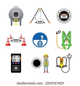 Set of confined space icon, sign and symbol for industrial, construction and manufacture work safety. Colorful and isolated.