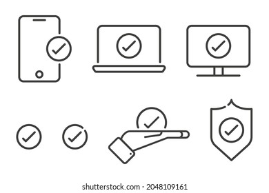 Juego de Confirmar, Aprobado, Ok, diferentes iconos para smartphone, laptop, computadora, mano y escudo. Ilustración del vector