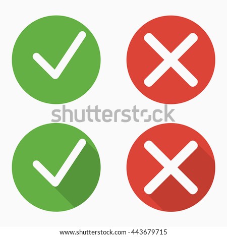 Set of confirm and deny icons with and without shadows in flat style. Green and red. Vector illustration