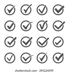 Set of confirm icons in vector. Sixteen gray ticks in a circle frames on a white background. To indicate truth in the questionnaire. Symbol of approving election results and agreement.