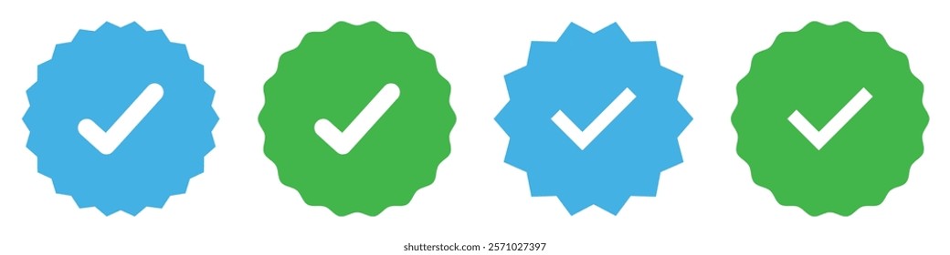 Set of confirmation icons isolated. Profile verification check marks icons set blue and green color. Verified account sign symbol. Flat style. Vector illustration.