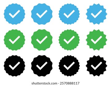 Set of confirmation icons. Profile verification check marks icons set in blue, green and black color. Verified account sign symbol. Flat style. Vector illustration.