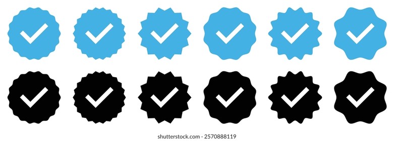 Set of confirmation icons. Profile verification check marks icons set in blue and black color. Verified account sign symbol. Flat style. Vector illustration.