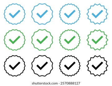 Set of confirmation icons. Profile verification check marks icons set in blue, green and black color. Verified account sign symbol. Flat style. Outline sign. Vector illustration.