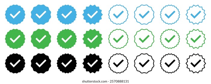 Set of confirmation icons. Profile verification check marks icons set in blue, green and black color. Verified account sign symbol. Silhouette and outline style. Vector illustration.