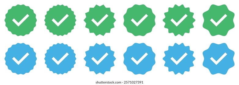 Set of confirmation icons. Profile verification check marks icons set blue and green color. Verified account sign symbol. Flat style. Vector illustration.