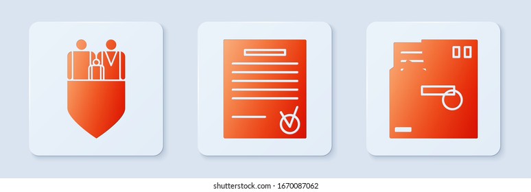 Establecer documento confirmado y marca de verificación, seguro familiar con escudo y sobre pedido. Botón cuadrado blanco. Vector