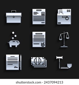 Set Confirmed document and check mark, Stacks paper money cash, Judge gavel with shield, Scales of justice, Contract pen, Piggy bank coin, Ordered envelope and Briefcase icon. Vector