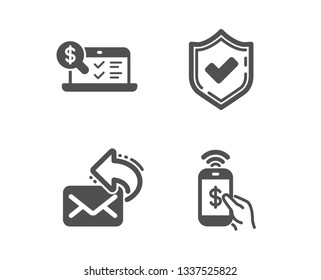 Set of Confirmed, Share mail and Online accounting icons. Phone payment sign. Accepted message, New e-mail, Web audit. Mobile pay.  Classic design confirmed icon. Flat design. Vector