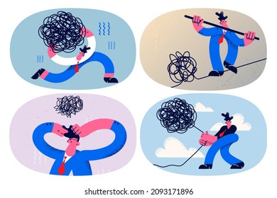 Set of confused businessman try to unravel tangled bundle. Collection of man employee or worker find problem solution or choice to business issue or trouble. Challenge. Vector illustration. 