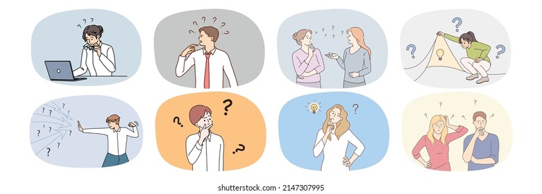 Set of confused diverse people with question mark wonder about problem solution. Collection of persons frustrated about issue solving look for answer. Dilemma concept. Vector illustration. 