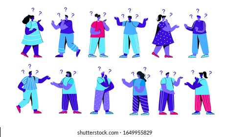 Set of confused girls and boys asking questions and thinking. Collection of pensive or thoughtful male and female characters contemplating and solving problems. Modern flat blue vector illustration.