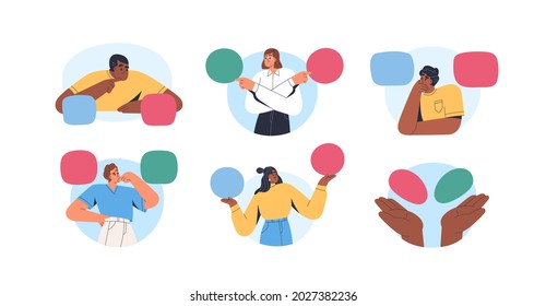 Set of confused pensive people making choice and decision. Men and women doubting, solving problems, choosing between two alternatives. Dilemma concept. Flat vector illustration isolated on white