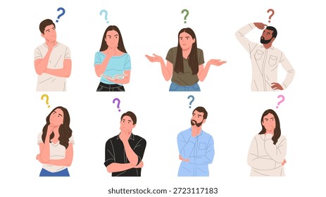 Eine Reihe verwirrter Menschen, die nachdenken und Fragen stellen. Flache Vektorgrafik von Männern und Frauen mit Fragezeichen, die Zweifel, Problemlösung, Entscheidungsfindung, Neugier, Brainstorming und Unsicherheitskonzept aufzeigt. Moderne Zeichentrickfiguren einzeln auf weißem Hintergrund.