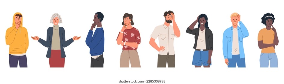 Set of Confused People. Thoughtful men and women pondering decisions, doubting, worrying and expressing uncertainty. Pensive characters. Cartoon flat vector collection isolated on white background