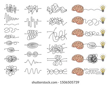 A set of confusing thinking process, the emergence of an idea. The concept of the mind and the chaos of the brain, lamp and doodle, isolated vector illustration.