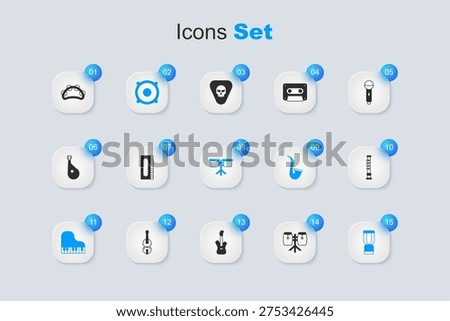 Set Conga drums, Harmonica, Stereo speaker, Grand piano, African djembe, Flute, Tambourine and Bongo icon. Vector