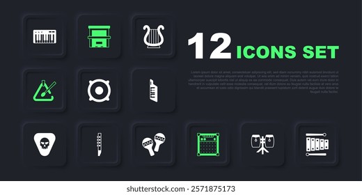 Set Conga drums, Xylophone, Stereo speaker, Guitar amplifier, Triangle musical instrument, Flute, Piano and Maracas icon. Vector