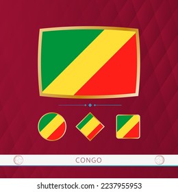 Set Kongresses-Flaggen mit goldenem Rahmen für Sportereignisse auf bordeauxrotem Hintergrund. Vektorgrafik von Flaggen.