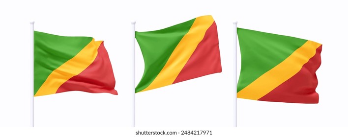 Set von Kongo schwenkende Flagge auf Fahnenmast. Realistische 3D-Design-Flagge weht auf isoliertem weißem Hintergrund. Vektorillustration