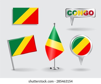 Set of Congolese pin, icon and map pointer flags. Vector illustration.