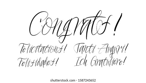 Set of congrats brush paint hand drawn lettering on white background. Felicitations, Felisidades, Tanti Auguri, Ich Gratuliere design templates for greeting cards, overlays, posters