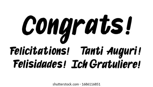 Conjunto de congrats pincel pintado a mano con letras dibujadas en fondo blanco. Modelos de diseño Felicitaciones, Felisidades, Tanti Auguri, Ich Gratuliere para tarjetas de felicitación, overlays, carteles
