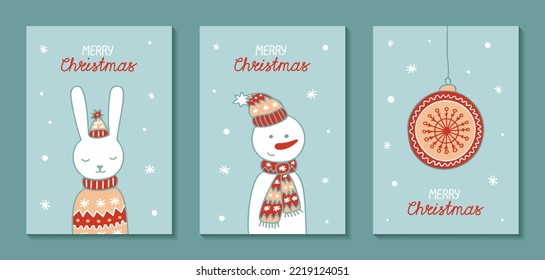 Set of congratulation card for christmas with hare, snowman and christmas tree toy. Vector vertical template.