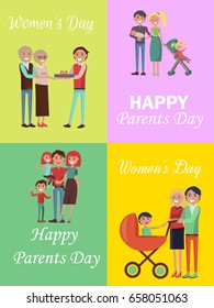 Set of congratulation cards for Women's and Parents' Days. Vector illustration of happy families celebrating these holidays